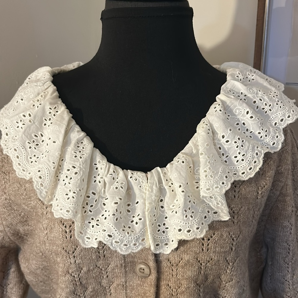 Women's Tan Cardigan Sweater with White Collar - Picture 3 of 6